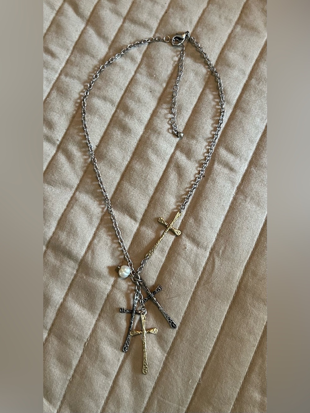 Mixed Metal Cross Pendant Necklace with Faux Pearl